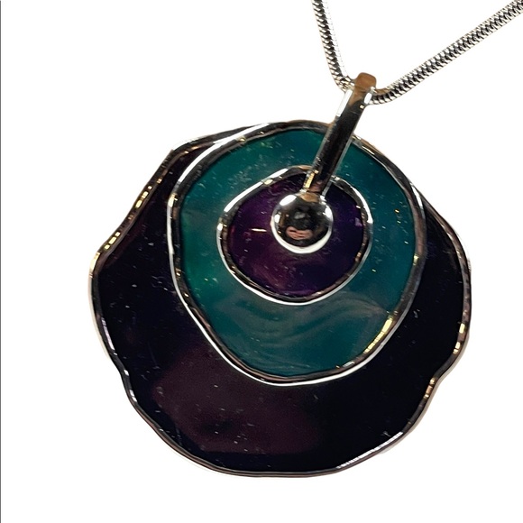 Vintage 1980s Silver finish Purple & teal abstract disk chunky necklace - Picture 5 of 12